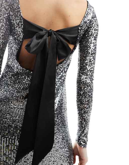 Miss Selfridge sequin scoop back dress with bow in black