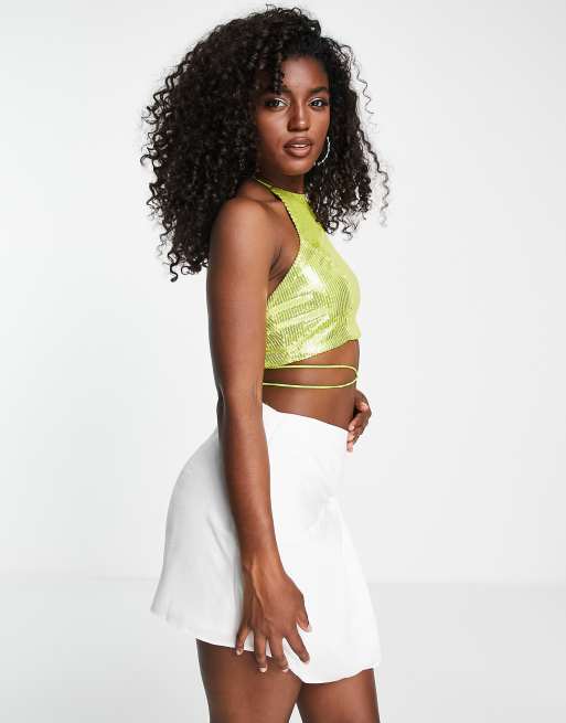 Miss Selfridge satin halter crop top in green