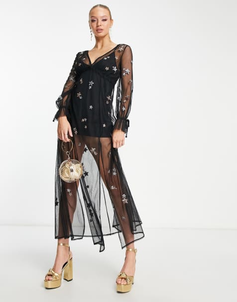 Miss Selfridge sequin star sheer mesh maxi dress in black - view 1