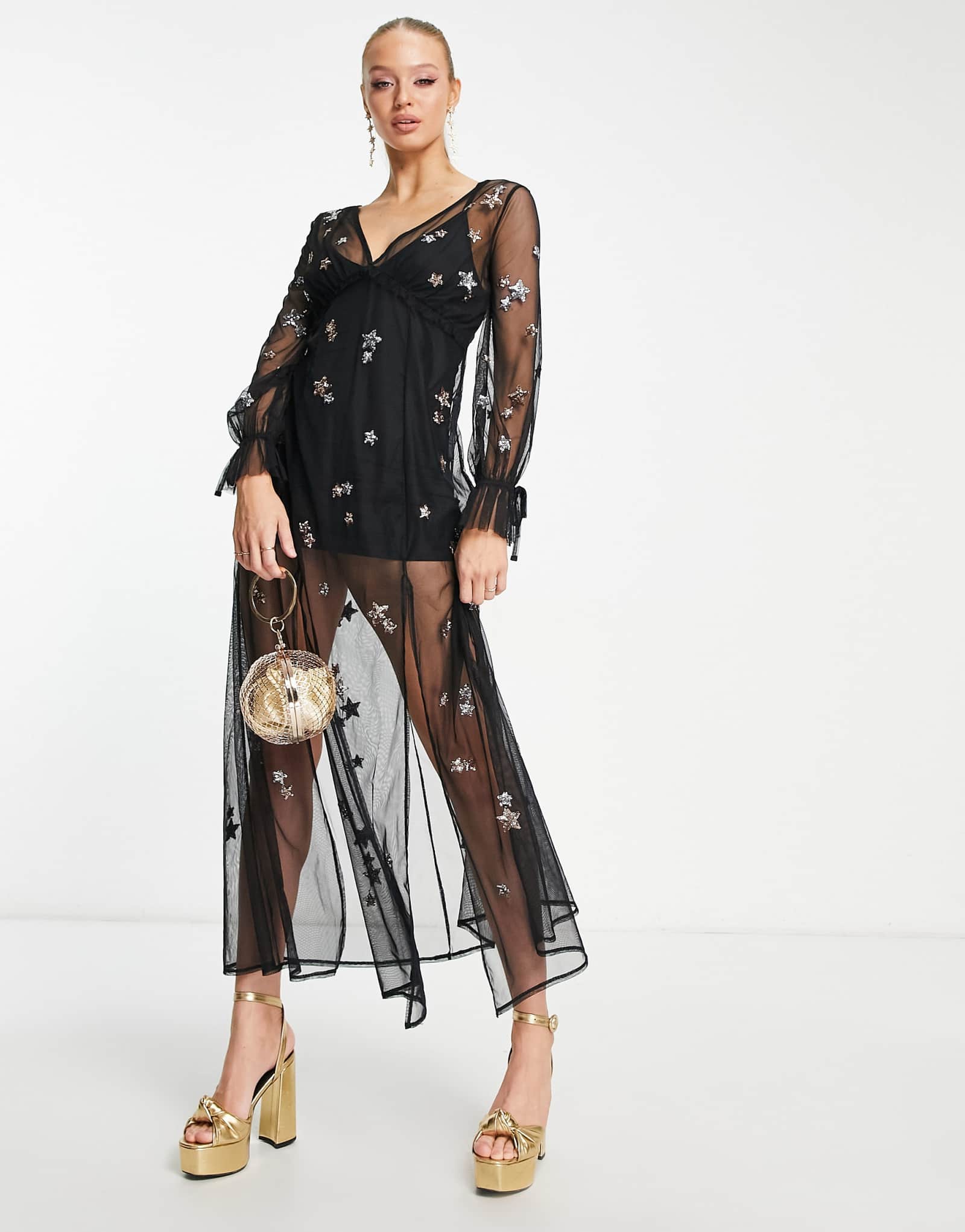 Макси-платье Miss Selfridge с блестками и звездой из прозрачной сетки черного цвета