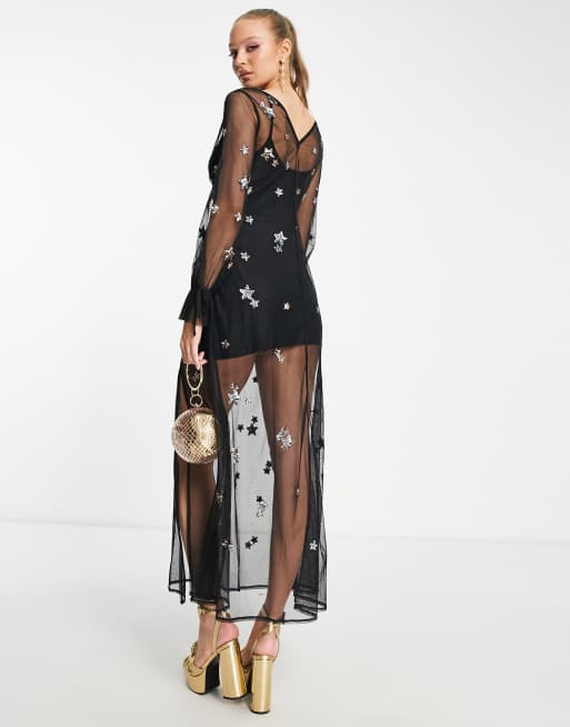 Miss Selfridge sequin star sheer mesh maxi dress in Black
