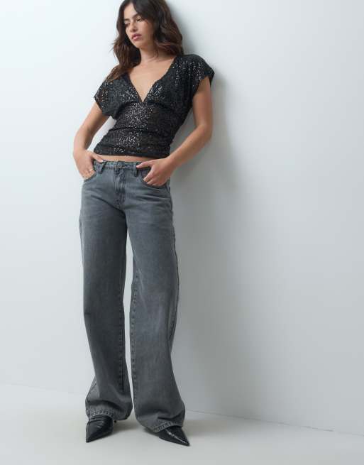 Miss Selfridge sequin v-neck top with gathered waist in black, 2 of 5