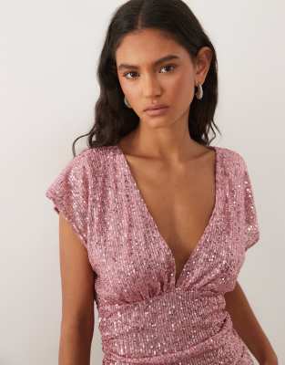 Miss Selfridge Sequin V-neck Top With Gathered Waist In Animal Print