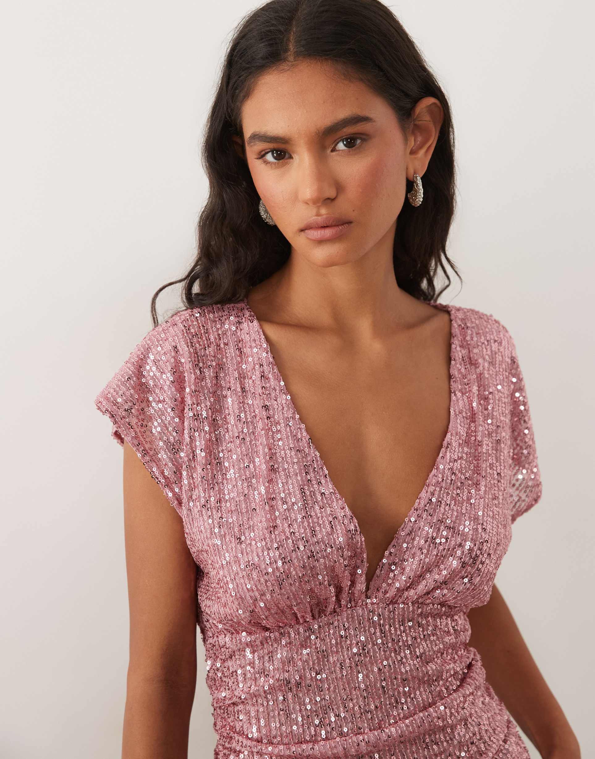 miss selfridge sequin v-neck top with gathered waist in pink