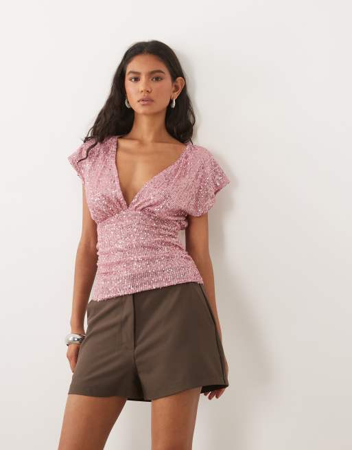 Miss Selfridge sequin v-neck top with gathered waist in pink, 2 of 4
