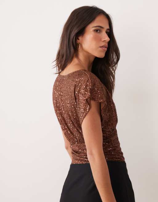 Miss Selfridge sequin v-neck top with gathered waist in pink, 4 of 4