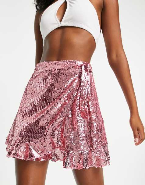 Miss Selfridge sequin wrap mini skirt in hot pink - view 1