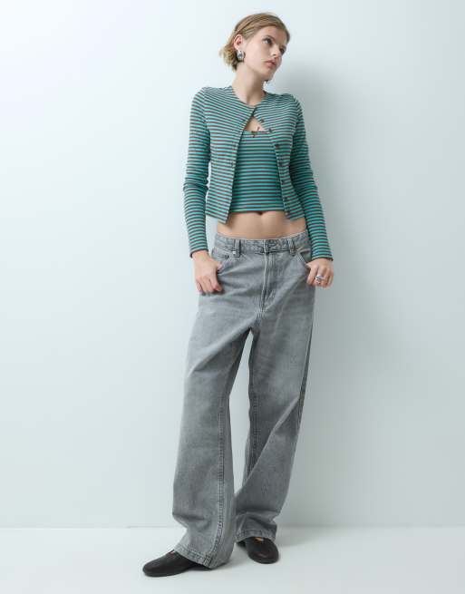 Miss Selfridge set cardigan e canotta a coste in turchese e marrone, 3 di 5
