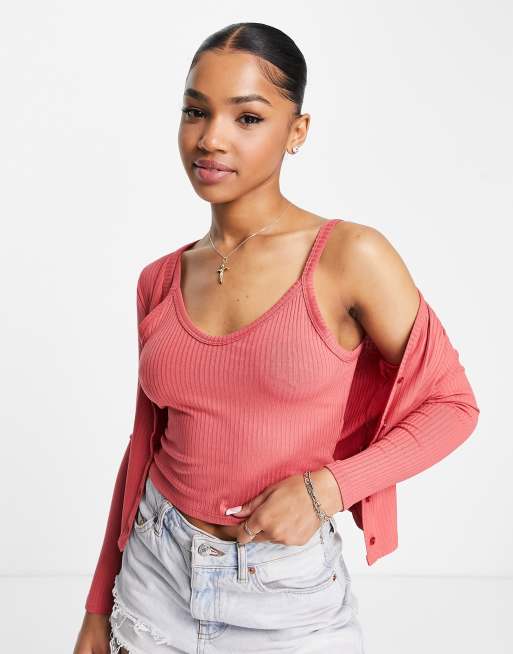 Miss Selfridge - Set con canotta e cardigan a coste color argilla in coordinato