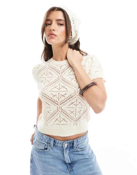 Miss Selfridge - Set in maglia all'uncinetto color panna con top e foulard - view 1