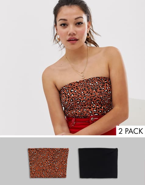 Miss Selfridge – Set mit 2 trägerlosen Jersey-Oberteilen in Leopardenmuster und Schwarz