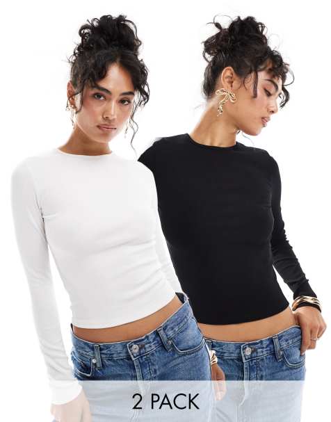 Miss Selfridge - Set van 2 geribbelde tops met lange mouwen en ronde hals in zwart en wit - view 1