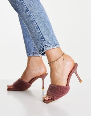 Miss Selfridge shear pink borg mule sandal