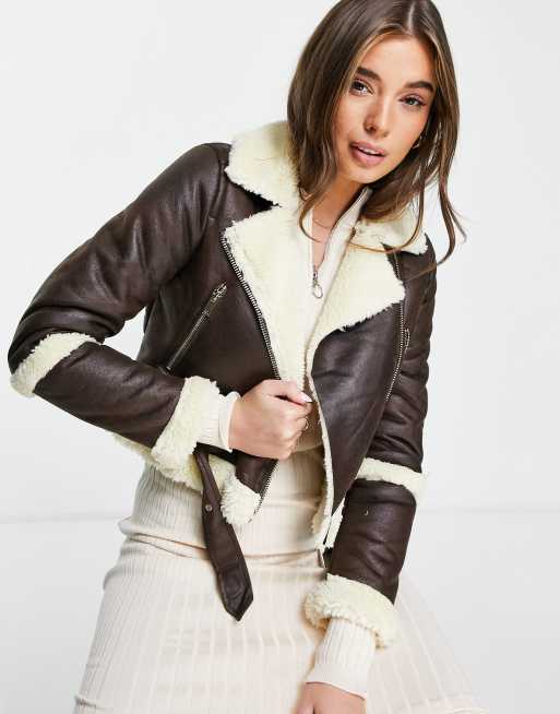 Miss Selfridge shearling cropped aviator jacket in brown | ASOS