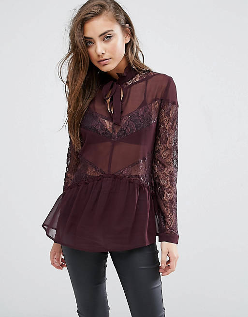 Miss Selfridge Sheer And Lace Mix Blouse