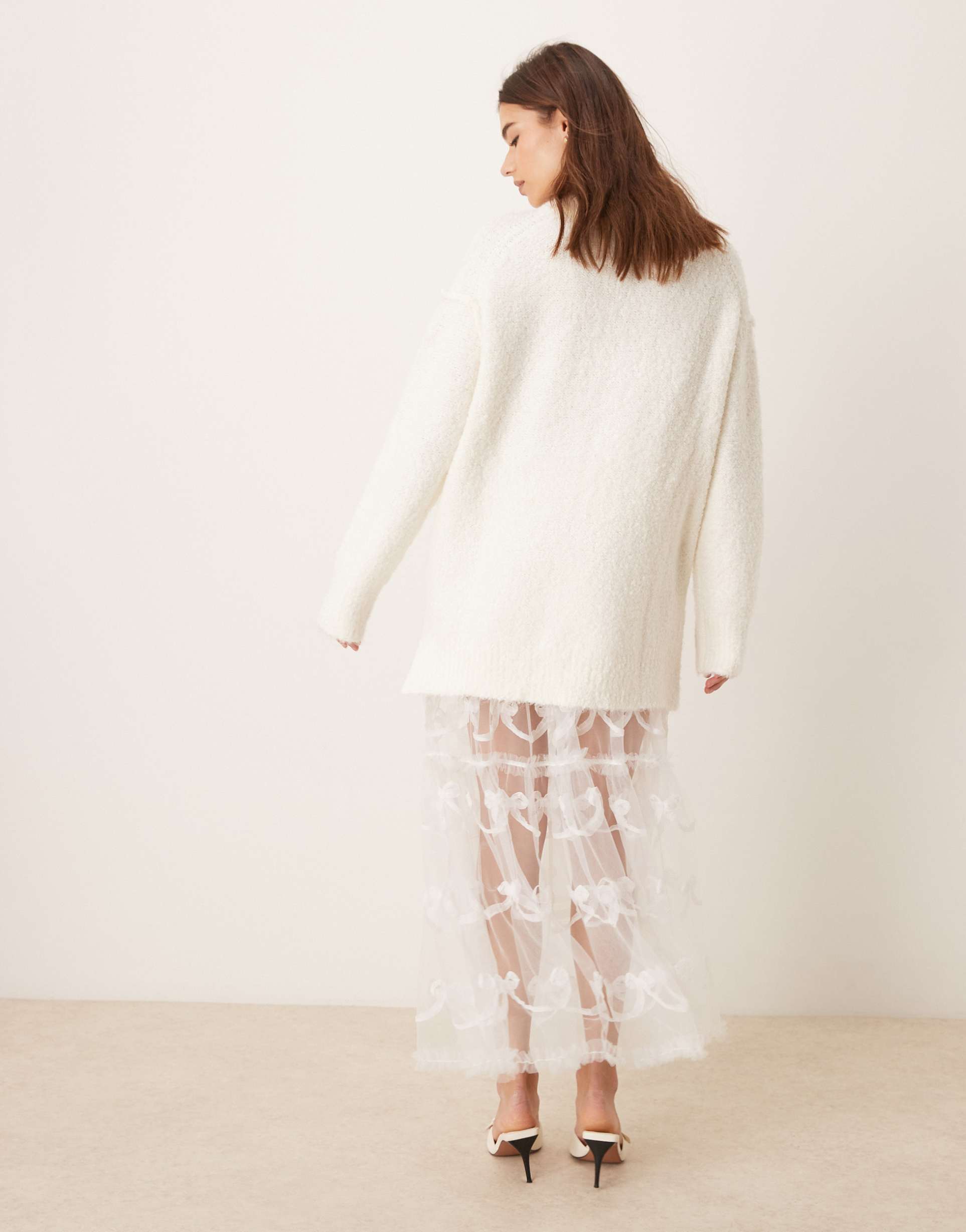 miss selfridge sheer bow detail maxi skirt in ivory