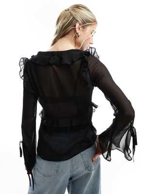 Oscar de la Renta Black High Ruffle Neck Long Sleeve Blouse - Foxy Couture Carmel