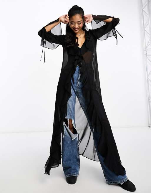 Black Sheer Chiffon Tiered Ruffle Flared Pants