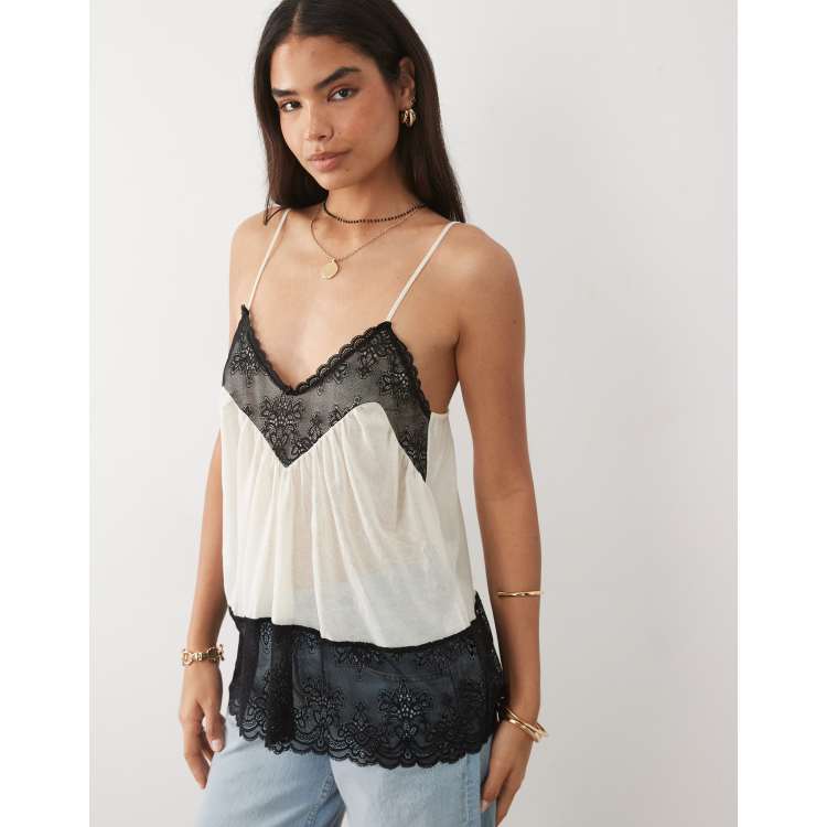 Miss Selfridge sheer knit cami top with contrast lace in cream | ASOS