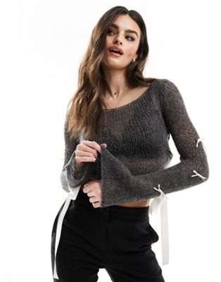 Miss Selfridge sheer knit contrast bow detail jumper in charcoal - ASOS Price Checker