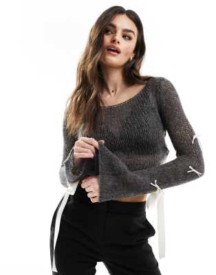 Miss Selfridge Sheer Knit Contrast Bow Detail Sweater In Charcoal-gray