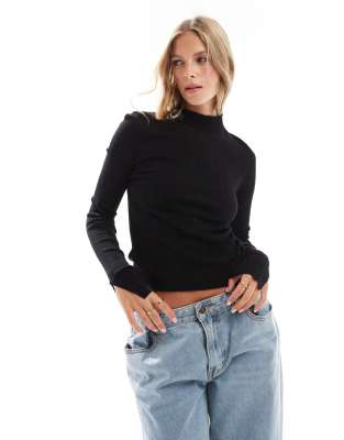 sheer knit funnel long sleeve top in black