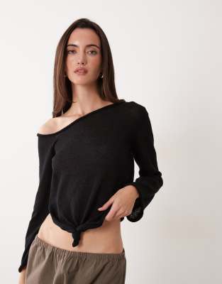 Miss Selfridge sheer knit knot detail long sleeve top in black