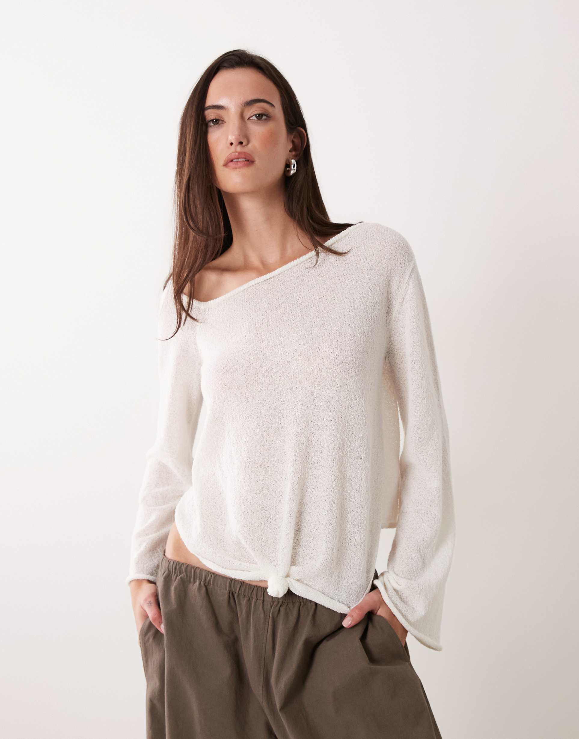 miss selfridge sheer knit knot detail long sleeve top in cream