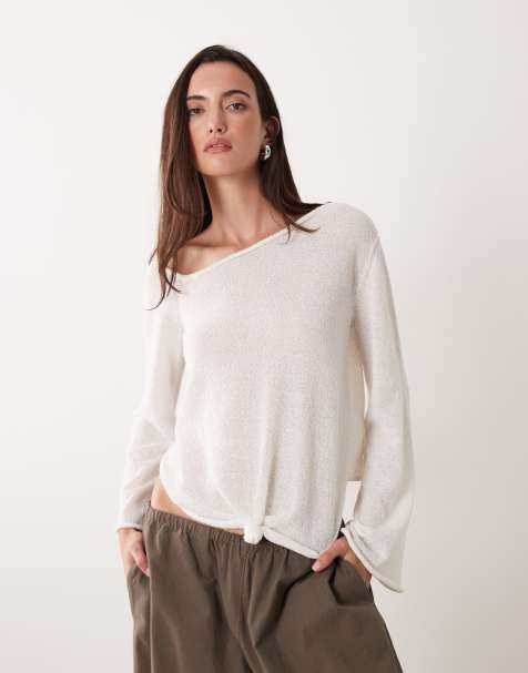 Miss Selfridge sheer knit knot detail long sleeve top in cream