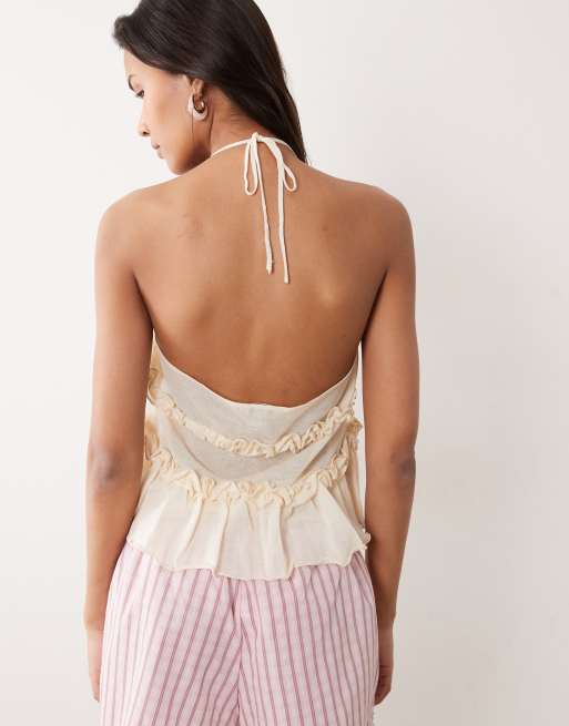 Miss Selfridge sheer knit ruffle cami top in cream, 4 of 4
