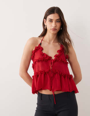 Miss Selfridge sheer knit ruffle cami top in red
