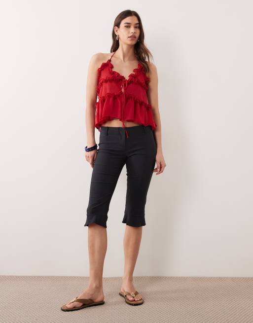 Miss Selfridge sheer knit ruffle cami top in red, 2 of 4
