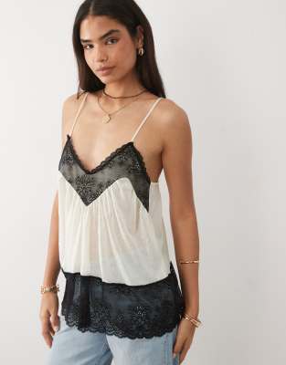 Miss Selfridge Sheer Knitted Cami Top With Contrast Lace In Pink