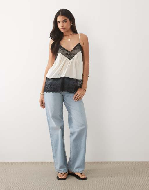 Miss Selfridge sheer knitted cami top with contrast lace in cream, 4 of 4