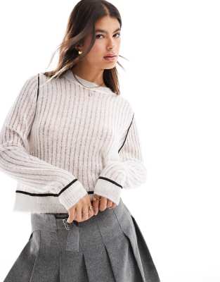 sheer knitted sweater with contrast detail in cream-White