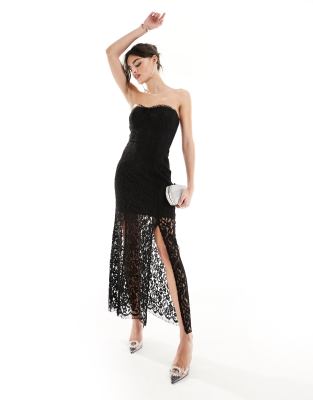 Black Sheer Lace Bandeau Long Sleeve Maxi Dress