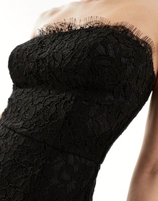 Bandeau Bodysuit Detail Maxi Dress In Black Sheer Lace