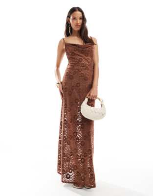 Miss Selfridge sheer lace cowl neck slit hem summer maxi dress in chocolate-Brown
