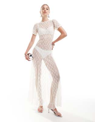 Miss Selfridge Festival Lace Sheer Ring Detail Maxi Dress In Ivory-white