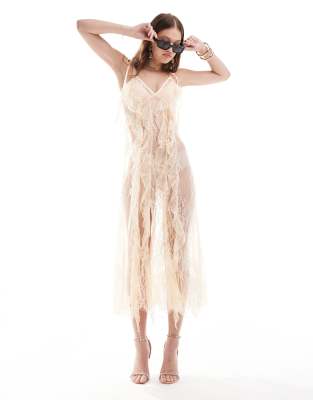 sheer lace ruffle cami maxi dress in cream-White