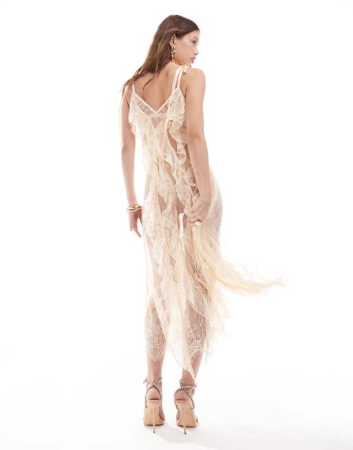Miss Selfridge sheer lace ruffle cami maxi dress in cream | ASOS