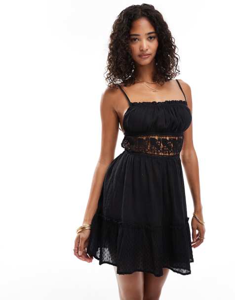 Miss Selfridge sheer lace trim mini beach dress in black - view 1
