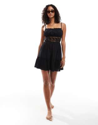 Miss Selfridge Sheer Lace Trim Mini Beach Dress In Black
