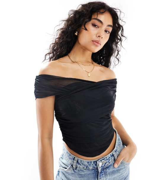Miss Selfridge sheer ruched off shoulder top in black - view 1