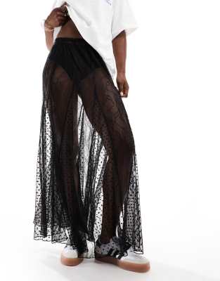 sheer textured lace mix panel maxi skirt in black