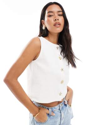shell metal trim vest in ecru-White