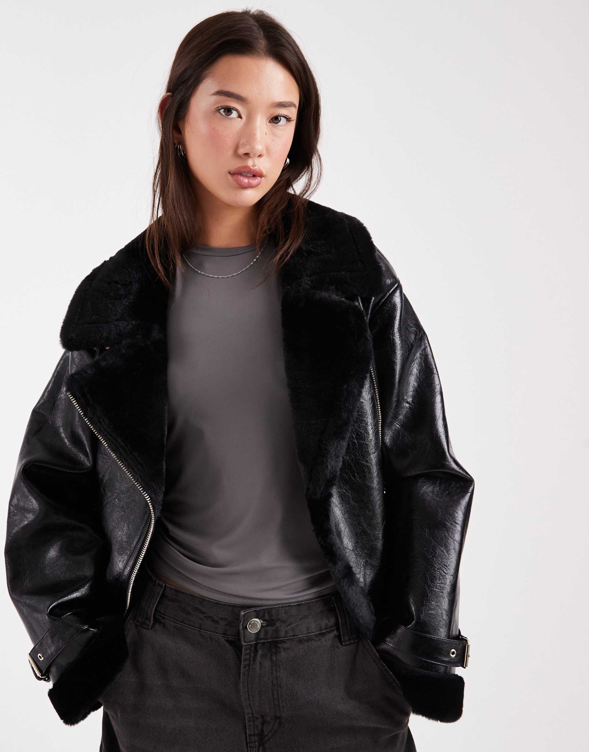miss selfridge shiny aviator jacket in black