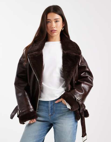 Miss Selfridge shiny aviator jacket in burgundy - view 1