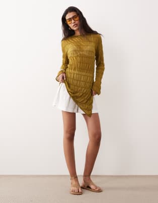 Miss Selfridge Shirred Asymmetric Sheer Knit Top In Green
