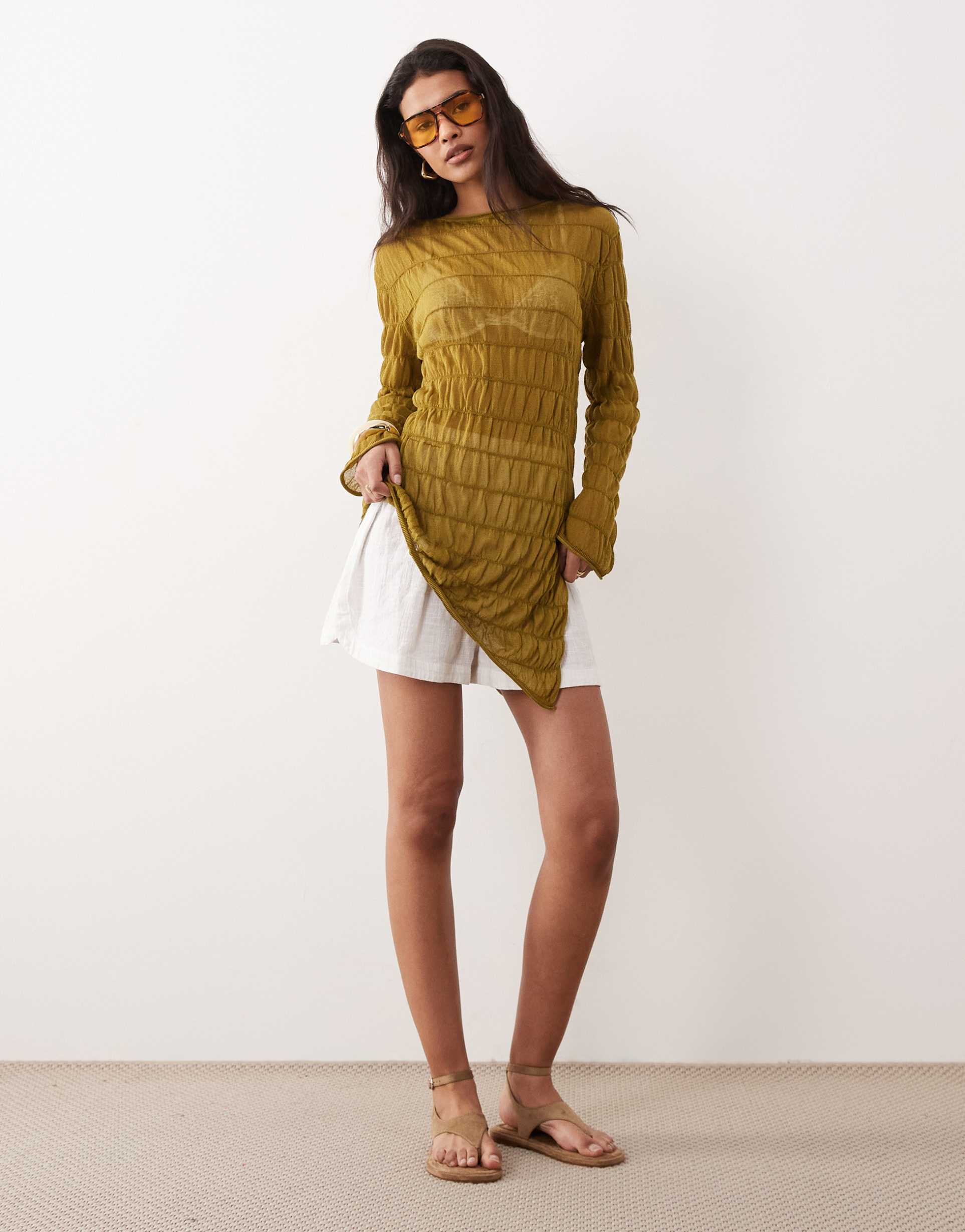 miss selfridge shirred asymmetric sheer knit top in olive
